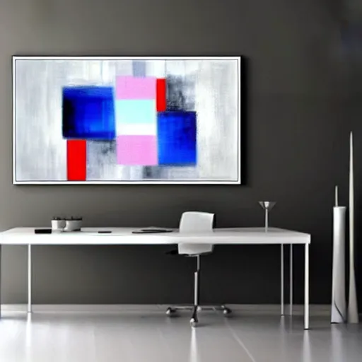 Prompt: : abstract paintings on wall in white art studio with modern architecture