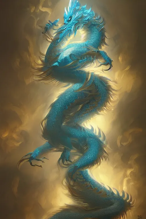 Prompt: cyan chinese dragon fantasy, intricate, elegant, highly detailed, digital painting, artstation, concept art, matte, sharp focus, illustration by greg rutkowski, john howe, zhang yu