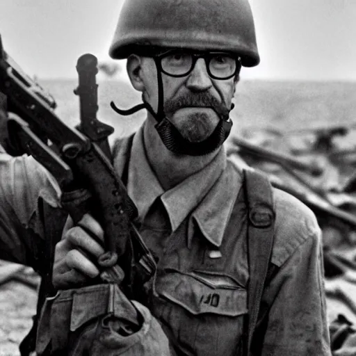 Prompt: Gordon Freeman as an American soldier on D Day, epic, WWII, 1940s photo, cinematic, highly detailed, gritty, combat, sharp focus, closeup, intense