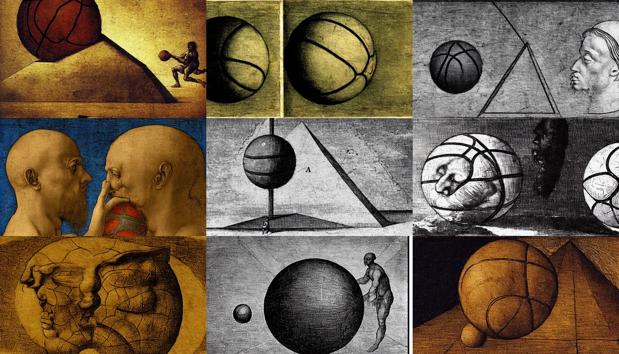 Prompt: a basketball faced man staring at a sphere rolling off the side of a pyramid, underwater, sideview, art by leonardo da vinci, using gradients and the degrade technique