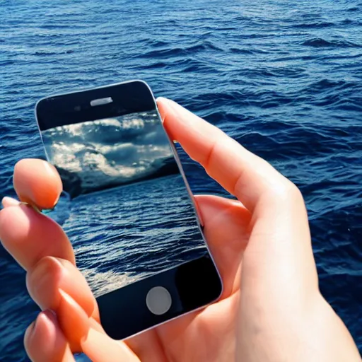 Prompt: hand holding a phone in the middle of the sea