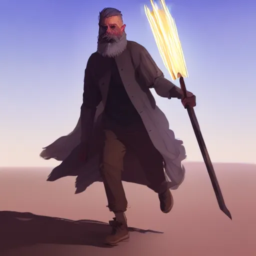 Prompt: commission of a young man with gray hair,a stylish beard,walking through a desert with a glowing stick,digital art,art by greg rutkowski,trevor henderson,rossdraws,character design,concept art,western comic style,sharp lines,photorealiatic,hyperdetailed,detailed face,high quality,professional lighting,dramatic