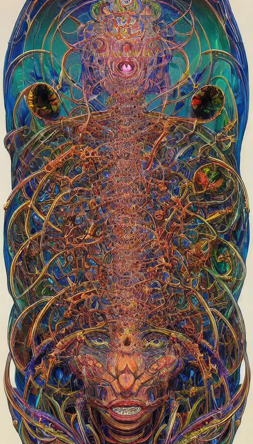Prompt: Chromatic crystal themed painting of transcendental biomechanical psytrance monk fantasy human beautiful symmetrical face peaceful concept, infinity glyph, intricate artwork by, Alex Grey, Johnatan Wayshak, Zdizslaw Beksinski, Ayami Kojima, Amano, Karol Bak, Greg Hildebrandt, and Mark Brooks, Neo-Gothic, gothic, rich deep colors, art by Takato Yamamoto, masterpiece, face by Artgerm, H.R. Giger, very coherent artwork, cinematic, hyper realism, high detail, octane render, unreal engine, 8k, High contrast, golden ratio, trending on cgsociety, ultra high quality model, production quality cinema model
