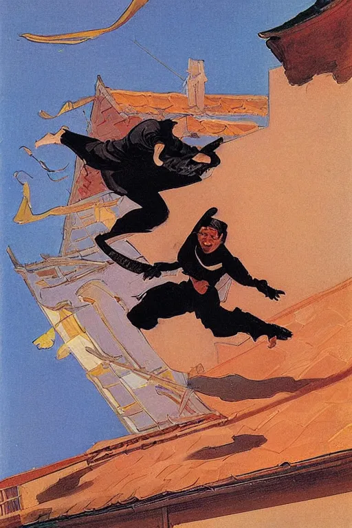 Image similar to a ninja jumping from the roof at night by joaquin sorolla, syd mead, hokusai