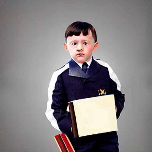 Image similar to full length photo of a child adolf hitler standing carrying school books, hitler moustache, digital art, full color