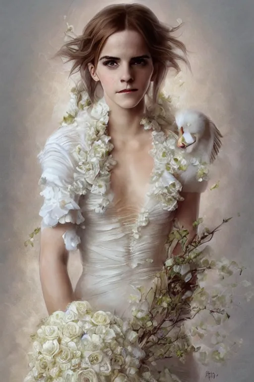 Image similar to Emma Watson in a decorated dress made of white and cream colored roses, holding a realistic and detailed white swan in her arms, highly detailed, digital painting, Trending on artstation , HD quality, by artgerm and greg rutkowski and alphonse mucha, dramatic light, octane