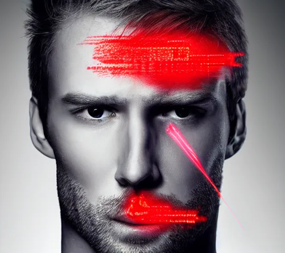 Image similar to hyper realistic portrait of a man with blonde two sides hair and thin face lines, he is throwing red lasers with his eyes and is very angry