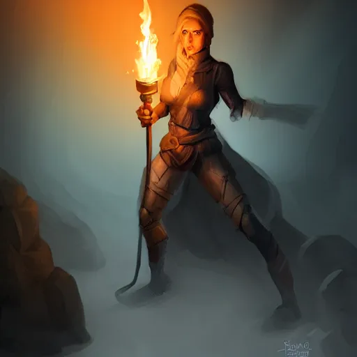 Image similar to a epic hero adventurer holding a torch in a dark cave, artgerm, realistic, cryengine, symmetric