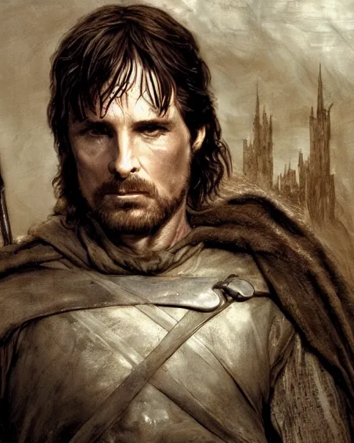 Image similar to Christian bale as Aragorn, by Alan Lee and John howe, at sunset, concept art, detailed clothing, featured on art station, matte painting
