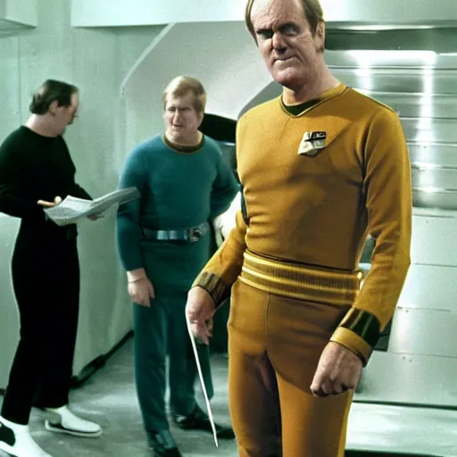 Prompt: john cleese as captain kirk, on - set photo, 3 5 mm color, 1 9 6 8