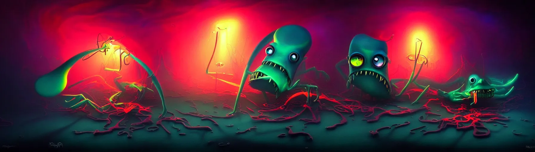 Prompt: strange whimsical demon plankton from the depths of the collective unconscious, dramatic lighting, detailed and atmospheric surreal darkly colorful painting by ronny khalil