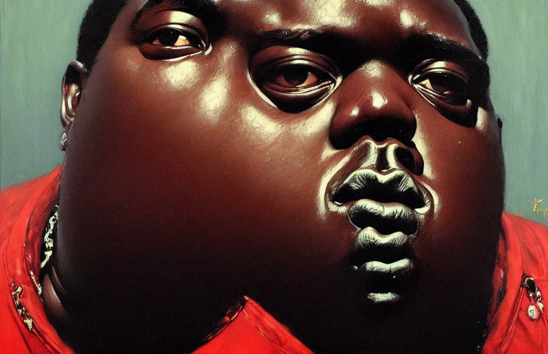 Image similar to portrait of the notorious b. i. g. but he has a thin face!!!!!!!!!!!!!!!!!!!!!!!!!!!, detailed face, detailed painting, epic lighting, by ilya repin, phil hale and kent williams