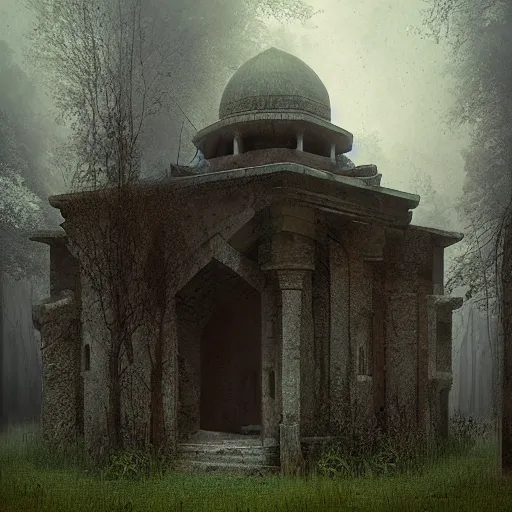 Image similar to abandoned Islamic temple in the woods, dark, moody, foggy by Marc Simonetti