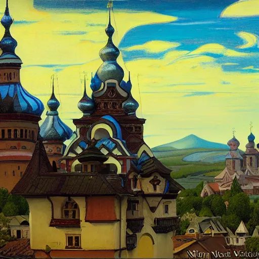 Image similar to photo beautiful magical ancient Slavic Russian city of Kitezh, fisheye lens, painting by Viktor Vasnetsov, concept art, magical city, fantasy cityscape, ancient Slavs, wooden buildings, ancient Russian architecture, terem, hyperborea, top cinematic lighting , cinematic mood, very detailed, 8k, high resolution, painting by Nicholas Roerich, trending on artstation, artstationHD,