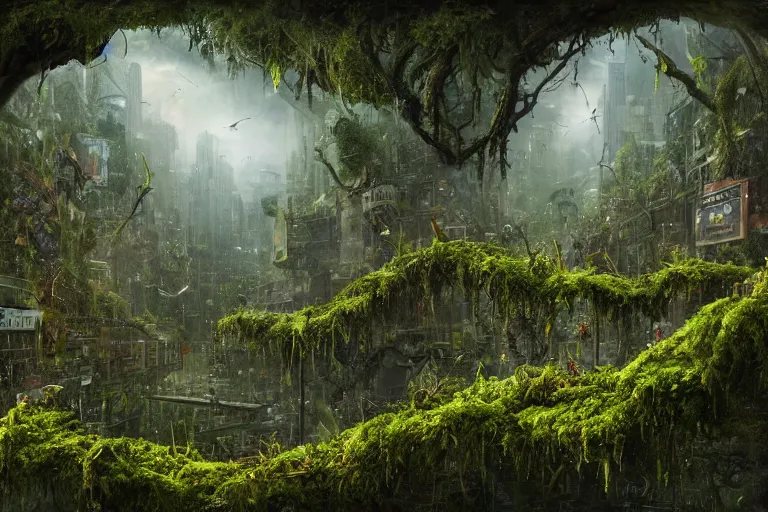 Prompt: an epic landscape view of vines and moss growing all over times square in new york city, moss, jungle, with pterosaurs flying, close - up, low angle, wide angle, atmospheric, volumetric lighting, cinematic, very realistic, sharp, highly detailed digital art, painted by tyler edlin