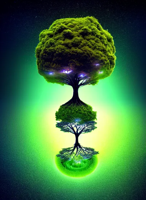 Image similar to high depth, collective civilization tree, calm, healing, resting, life, hybrids, scifi, glowing lights, published concept art, art in the style of all and none and everything and infinity, macro tilt shift