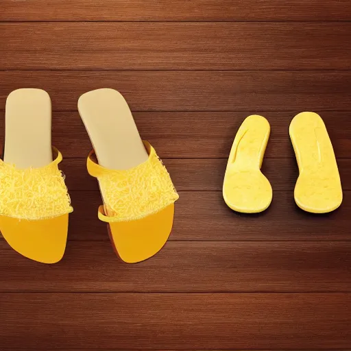 Prompt: high quality photo of sandals made of cheese, realism, 8k, award winning photo