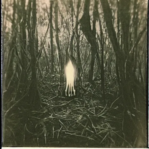 Prompt: picture of occult sacrifice in swamp taken on Polaroid