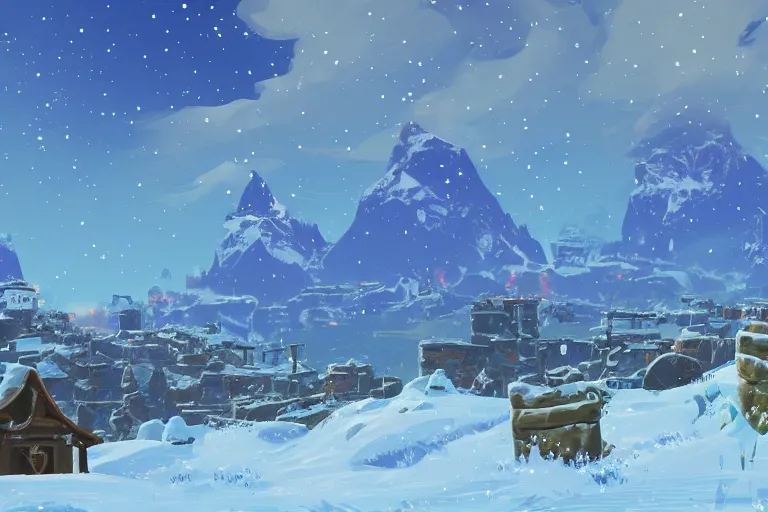 Image similar to snowy Landscape and a village in the background in the style of zelda breath of the wild