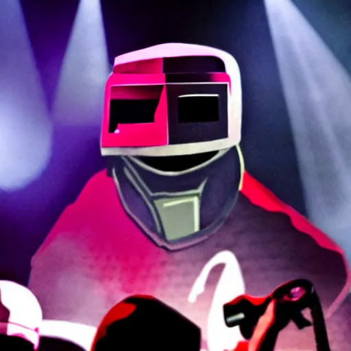 Image similar to cartoon mf doom on a stage with a full band behind him