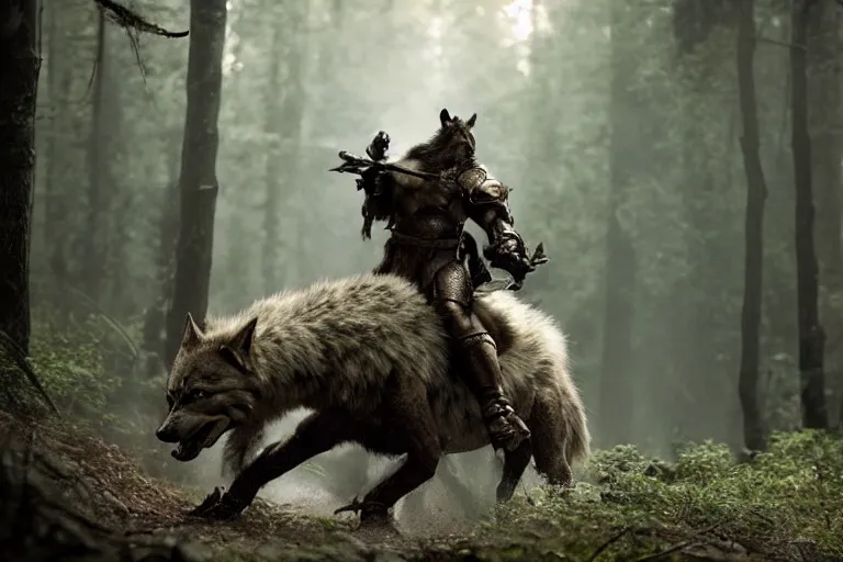 Prompt: vfx movie closeup detailed ancient armored warrior orc hunting riding large wolf in the forest, natural lighting by emmanuel lubezki