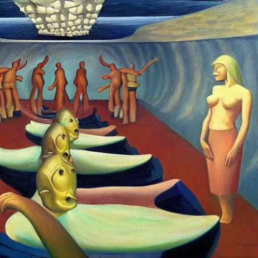 Image similar to twenty thousand leagues under the sea, grant wood, pj crook, edward hopper, oil on canvas