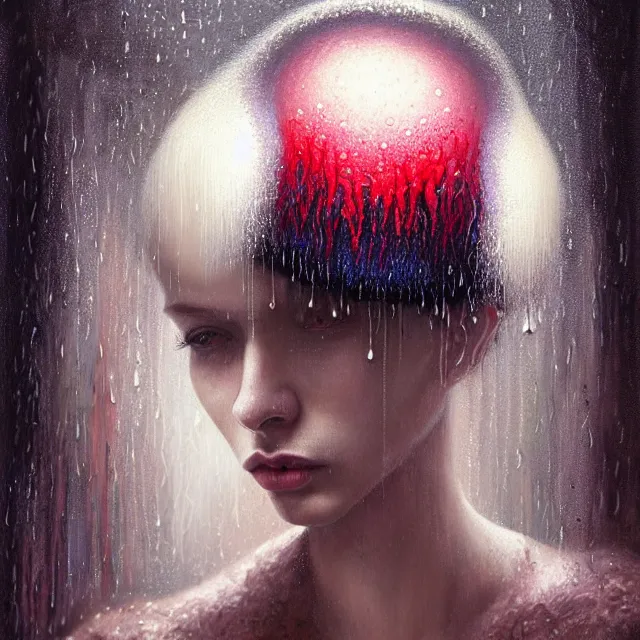 Prompt: bright portrait surreal mushrooms rain on face and wet hair, diffuse overhead lighting, fantasy, intricate, elegant, dramatic lighting, highly detailed, lifelike, photorealistic, digital painting, artstation, illustration, concept art, smooth, sharp focus, art by John Collier and Albert Aublet and Krenz Cushart and Artem Demura and Alphonse Mucha