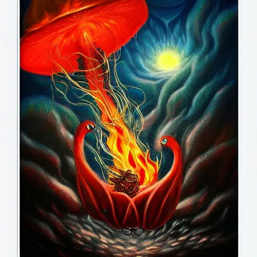 Image similar to ❤🔥🍄🌪, trending on art station, in the sky, highly realistic surrealist art