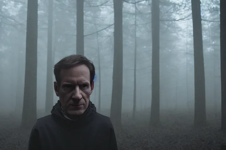 Prompt: a cinematic headshot portrait of a skinny evil male scientist, in a spooky forest, fog, portrait, portrait, portrait, shrubbery, 8 k, detailed, backlight, deep focus, movie still, moody lighting, by werner herzog