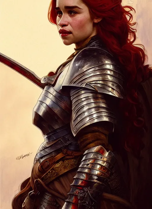 Image similar to staring seductevely portrait of emilia clarke as a knight, medival armor, redhead, sword, dark ages, intricate, headshot, highly detailed, digital painting, artstation, concept art, sharp focus, cinematic lighting, illustration, art by artgerm and greg rutkowski, alphonse mucha, cgsociety