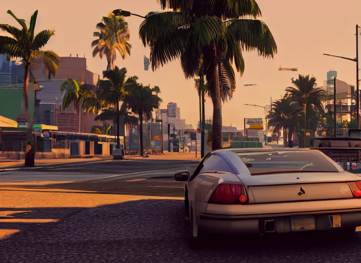 Image similar to still next - gen ps 5 game grand theft auto 6 2 0 2 4 remaster, graphics mods, rain, red sunset, people, rtx reflections, gta vi, miami, palms and miami buildings, photorealistic screenshot, unreal engine, 4 k, 5 0 mm bokeh, close - up furore gt, gta vice city remastered, artstation