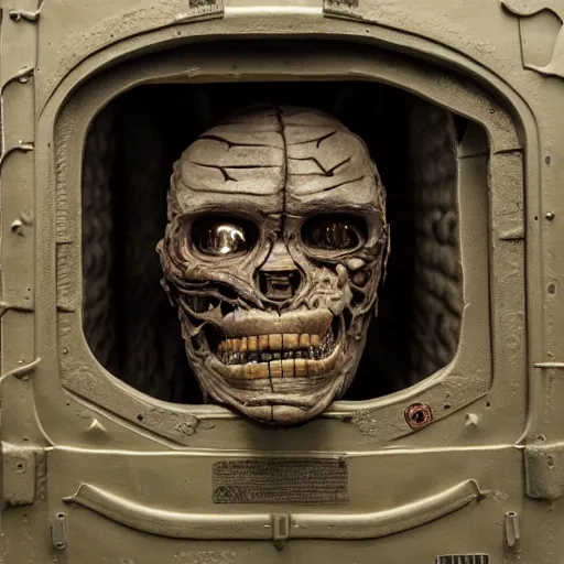 Image similar to boxcar made of human flesh and bone, highly detailed, artifact exhibit, War Photography, by H.R. Giger