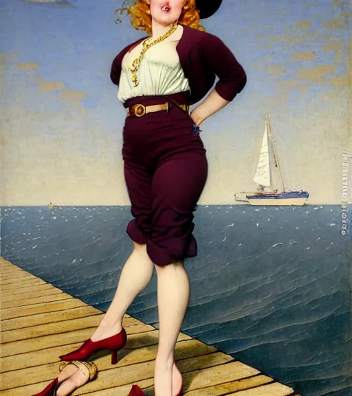 Prompt: a fancy beautiful plump young lady holding a purse standing on a wharf at the edge of the sea by brom and gil elvgren and jean delville and william blake and norman rockwell and michael whelan, crisp details, hyperrealism, high contrast, feminine facial features, stylish navy blue heels, gold chain belt, cream colored blouse, maroon hat