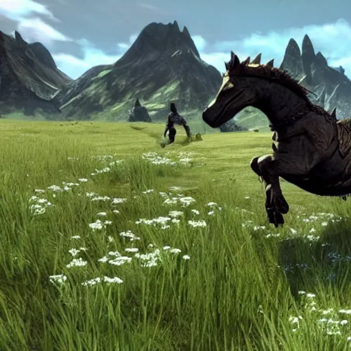 Image similar to Dragonborn riding chonky horse through meadow in Skyrim