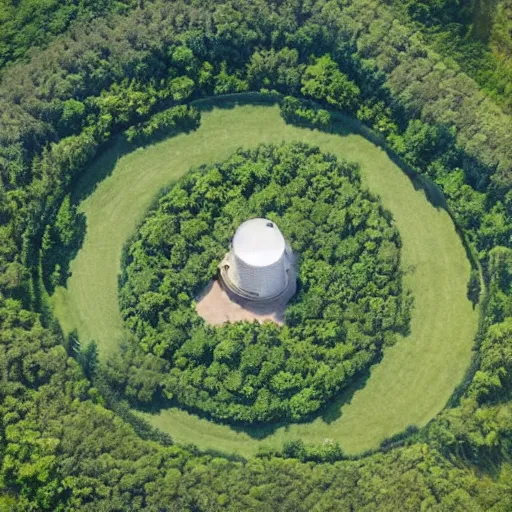 Prompt: fortified compound. aerial photography. secret police facility. lush green forest