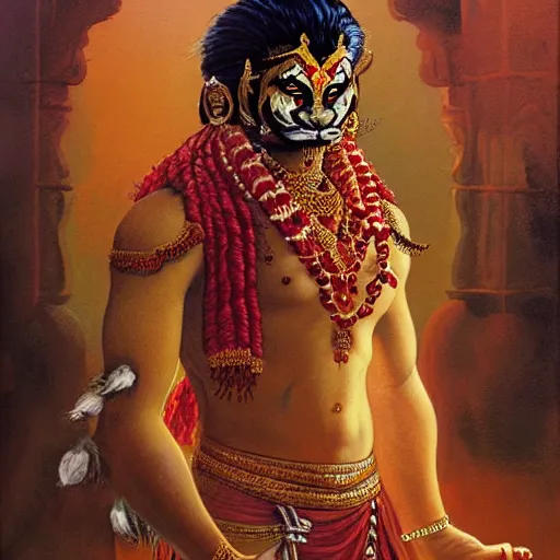 Image similar to head and shoulders portrait of a rakshasa in a luxurious indian setting, d & d, fantasy, greg rutkowski, frank frazetta, alexandre chaudret, boris vallejo, michael whelan, miro petrov, hr giger, magali villeneuve, donato giancola