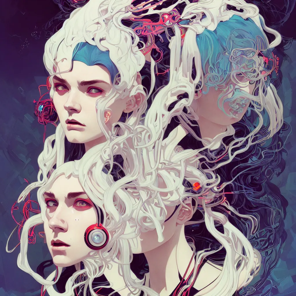 Prompt: a beautiful portrait painting of a ( cyberpunk ) white hair girl by ( sachin teng ) and pascal blanche! and alphonse mucha! and nekro! and josan gonzalez. in style of digital art. colorful comic, film noirs, symmetry, brush stroke, vibrating colors, hyper detailed. octane render. trending on artstation