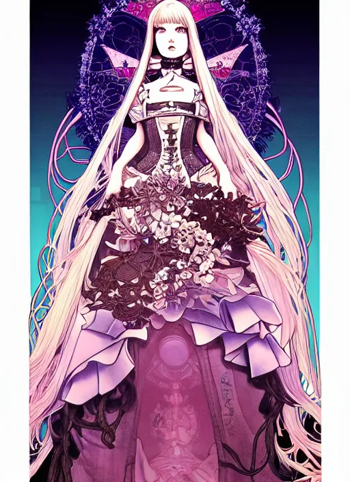 Image similar to highly detailed terada katsuya artgerm artstation s minaba hideo manga poster of princess mechine, long hair, armor, dress, laces, ruffles, 8 k, maximalist, hinny fluorescent gradient reflection, jump comics, tomer hanuka, alphonse mucha