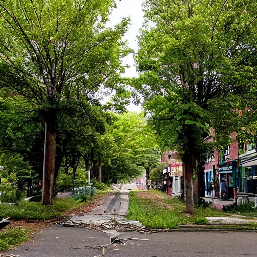 Image similar to main street in northampton, ma overgrown after 5 0 0 years since the apocalypse