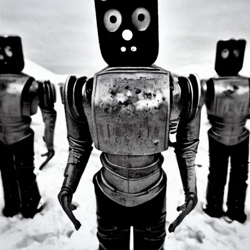 Image similar to cybermen in antarctica, creepy, black and white, 8mm