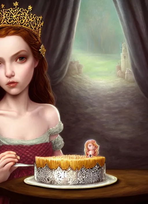 Image similar to highly detailed closeup portrait of an irish fairytale medieval princess eating cake, unreal engine, nicoletta ceccoli, mark ryden, lostfish, earl norem, global illumination, god rays, detailed and intricate environment