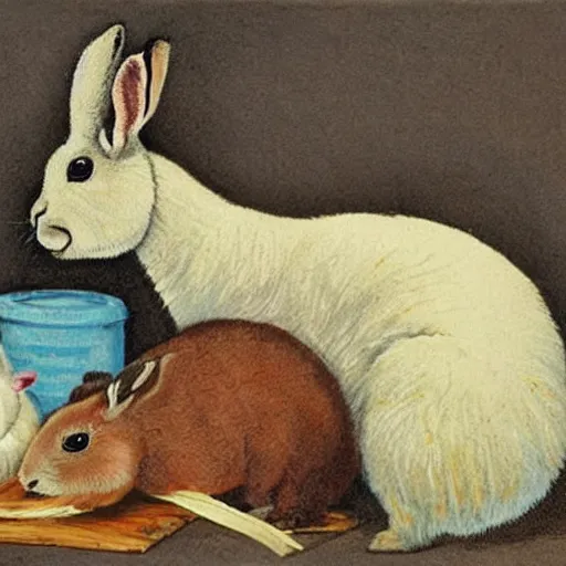 Prompt: a rabbit is cooking dinner for an alpaca in the style of gifford beal