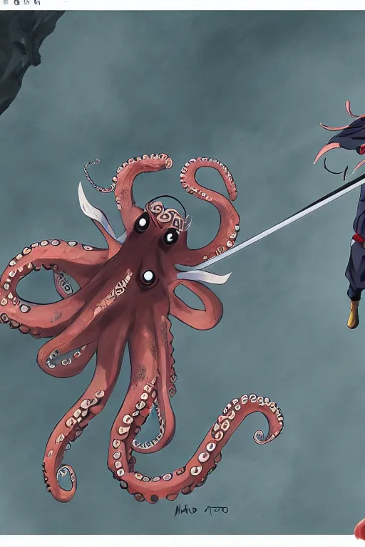 Image similar to key anime visuals of an octopus ninja, dressed as a ninja and fighting with a katana. highly detailed, intricate, directed by makoto shinkai, anime manga style, trending on art station.