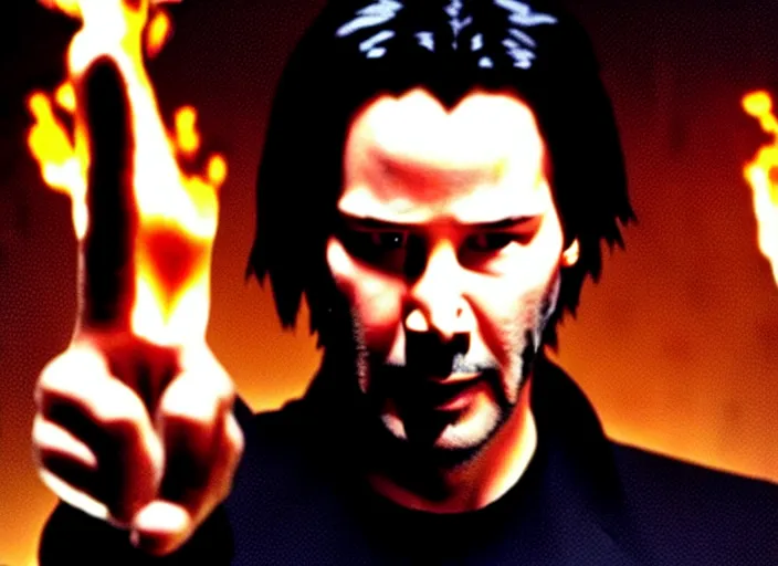 Prompt: A photo of Keanu Reeves as Neo in The Matrix movie doing a thumb up to the camera in front on burning servers, servers in flames in the background, doing a thumb up, uncropped, full body, crispy, ultra detailed, cinematic