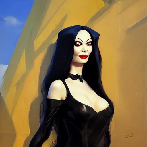 Prompt: greg manchess portrait painting of morticia from addams family as overwatch character, medium shot, asymmetrical, profile picture, organic painting, sunny day, matte painting, bold shapes, hard edges, street art, trending on artstation, by huang guangjian and gil elvgren and brom