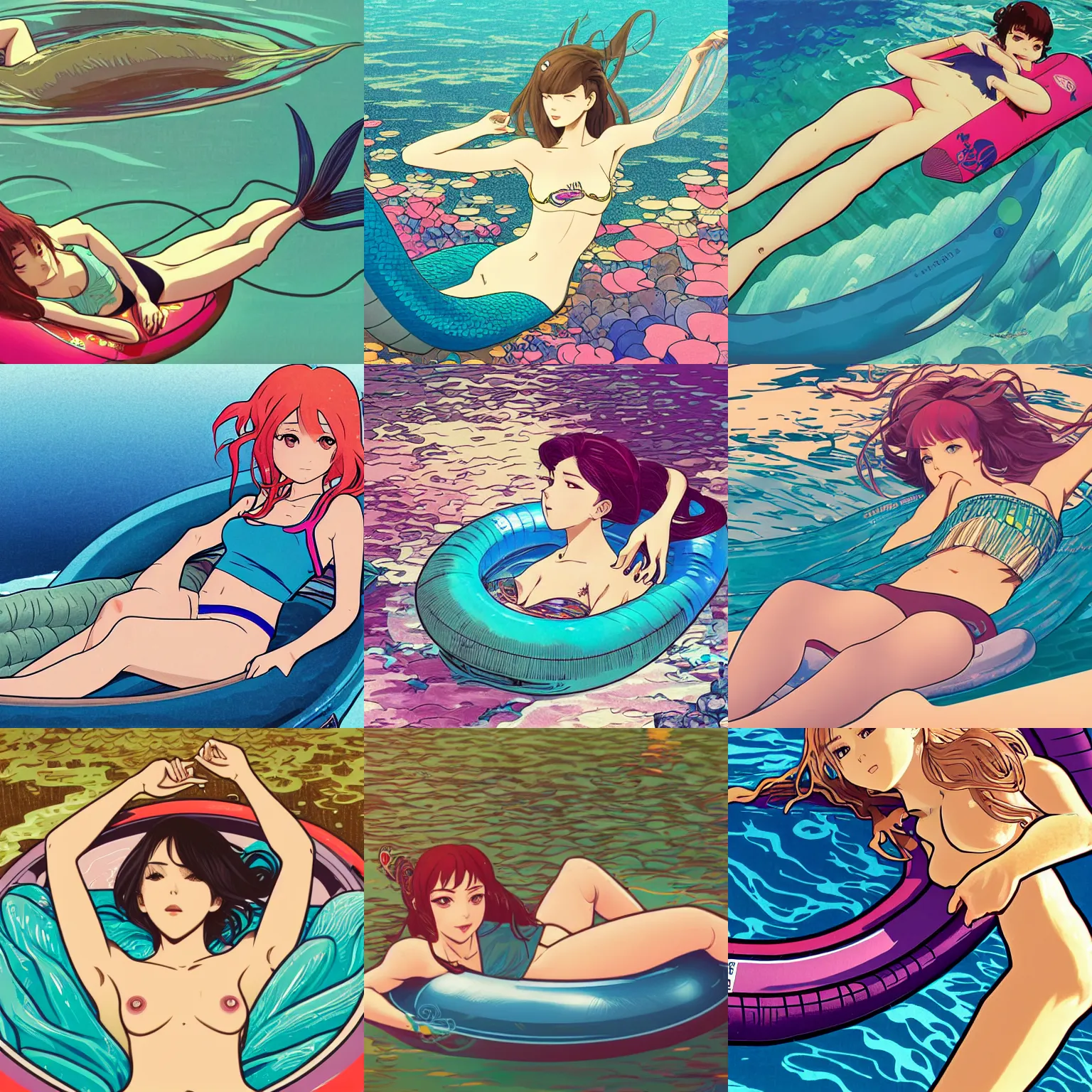 Prompt: A mermaid wearing a cropped tee shirt lounging in an inner tube, digital illustration, detailed face, detailed background, anime, Kyoto Animation, Ilya Kuvshinov, Hayao Miyazaki, Alphonse Mucha