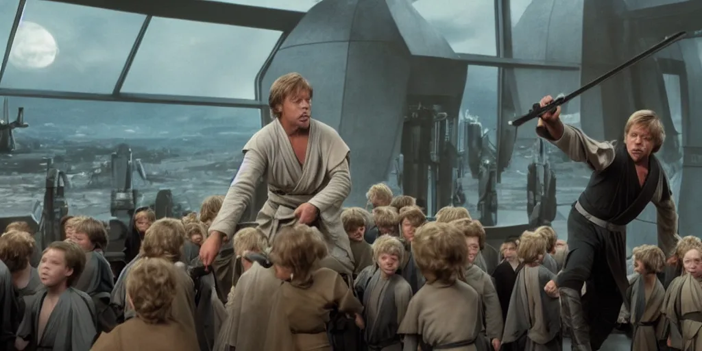 Image similar to A still of Mark Hamill as Jedi Master Luke Skywalker training a room full of young Jedi padawans, with large windows showing a sci-fi city outside, at dusk at golden hour