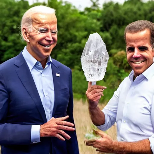 Prompt: UHD candid photo of Joe Biden and Hunter Biden holding up a giant quartz crystal, wearing clown makeup, UHD, photorealistic, correct face, photo by Annie Leibowitz