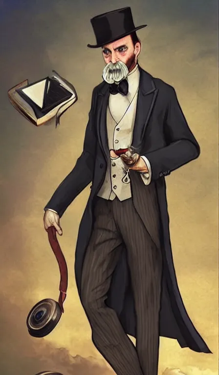 Image similar to a time traveling gentleman in a tailored suit with a monocle who is thin, fit and very British by artgerm and wlop, tarot card style