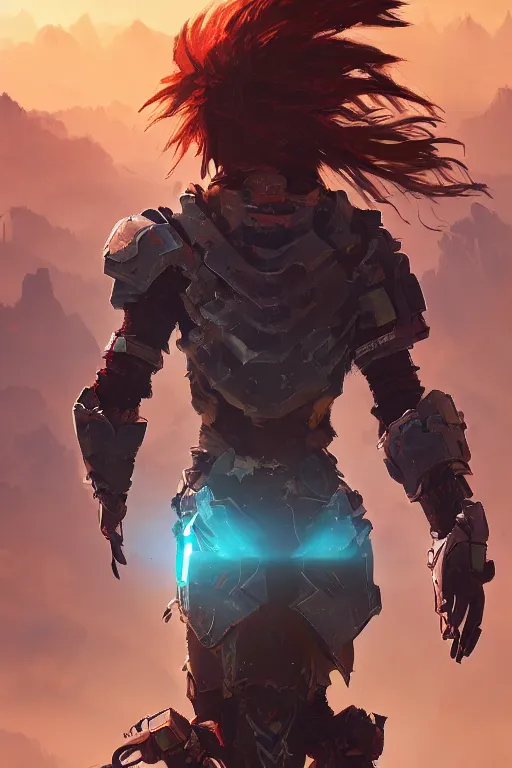 Image similar to combination suit armor aloy horizon forbidden west horizon zero dawn radiating a glowing aura global illumination ray tracing hdr fanart arstation by ian pesty and alena aenami artworks in 4 k tribal robot ninja mask helmet backpack